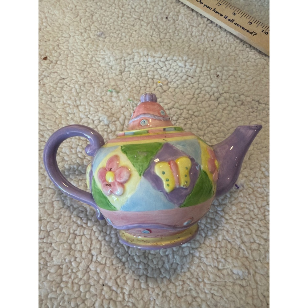 Oneida China Hand Painted Miniature Teapot Butterfly Flower Whimsical Decor